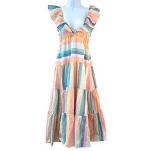 J. Crew Pastel Rainbow Striped Tiered Maxi Beach Dress Size XS Resortwear